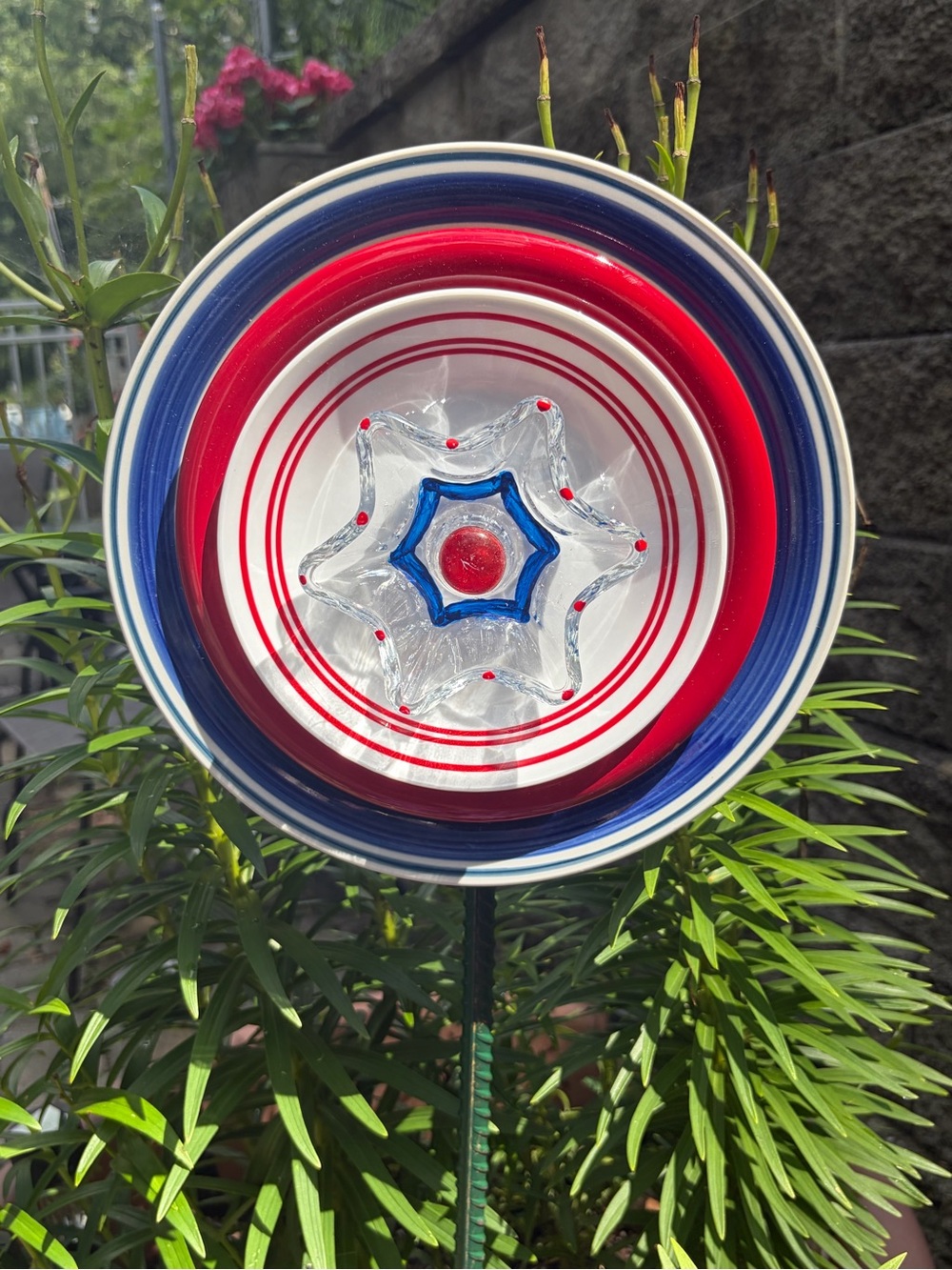 Handmade Red, White & Blue Glass Garden Art Bowl
